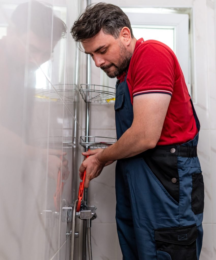 A man in a red shirt and blue overalls is fixing pipes in a bright bathroom. He uses tools and focuses on the task at hand.