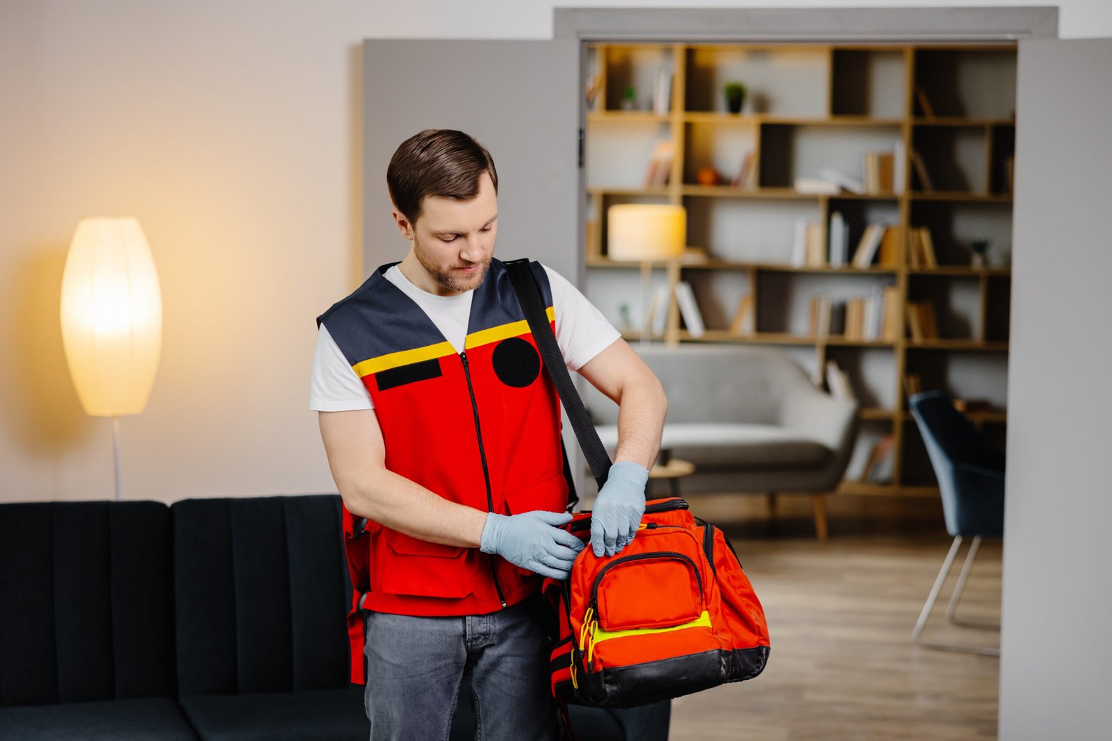 First aid course. A young male paramedic with a bag on his shoulders is standing in a classroom before a lecture.