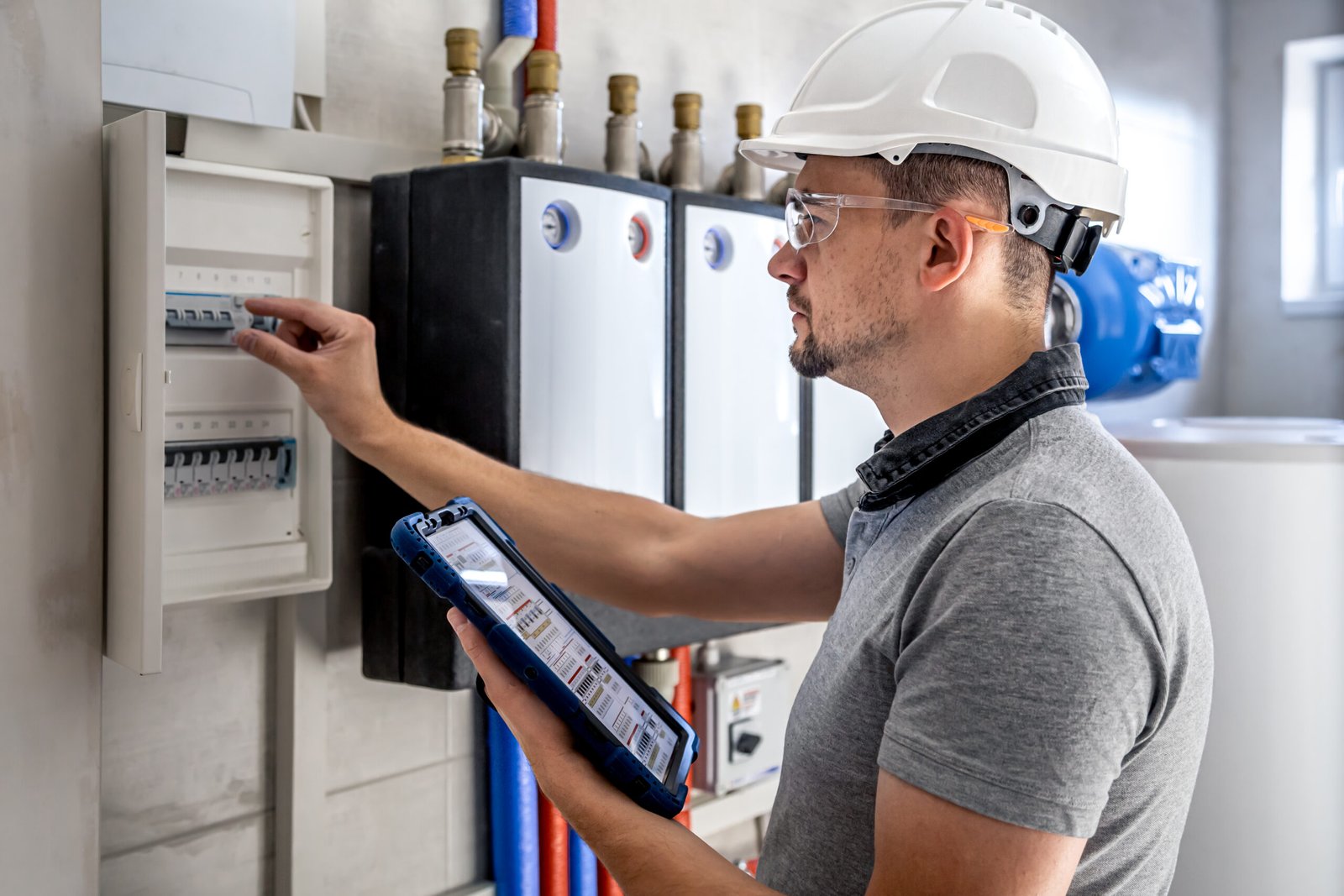 Man, an electrical technician working in a switchboard with fuses. Installation and connection of electrical equipment. Professional uses a tablet.
